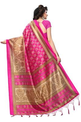 Pink printed silk saree with blouse 2
