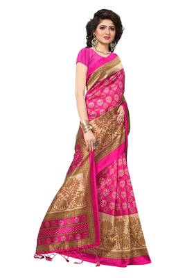 Pink printed silk saree with blouse 3