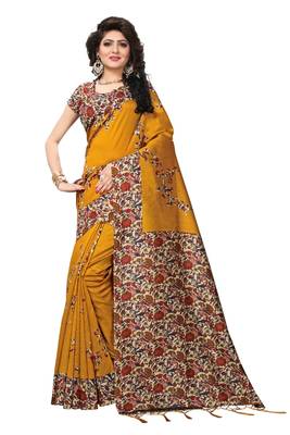Mustard printed silk saree with blouse 1