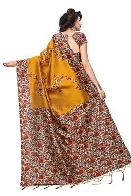 Mustard printed silk saree with blouse 2
