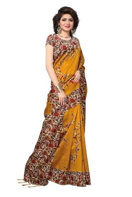 Mustard printed silk saree with blouse 3