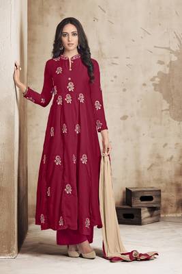 Dark-red embroidered silk salwar with dupatta 1