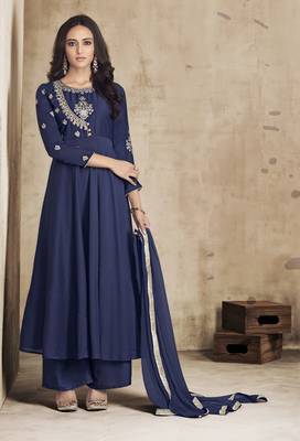 Navy-blue embroidered silk salwar with dupatta 1