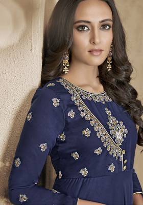 Navy-blue embroidered silk salwar with dupatta 2