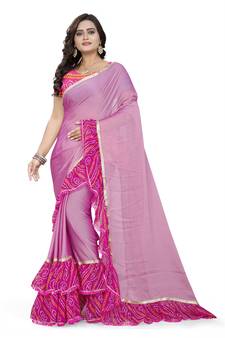 Pink Printed Chiffon Ruffle Saree With Blouse