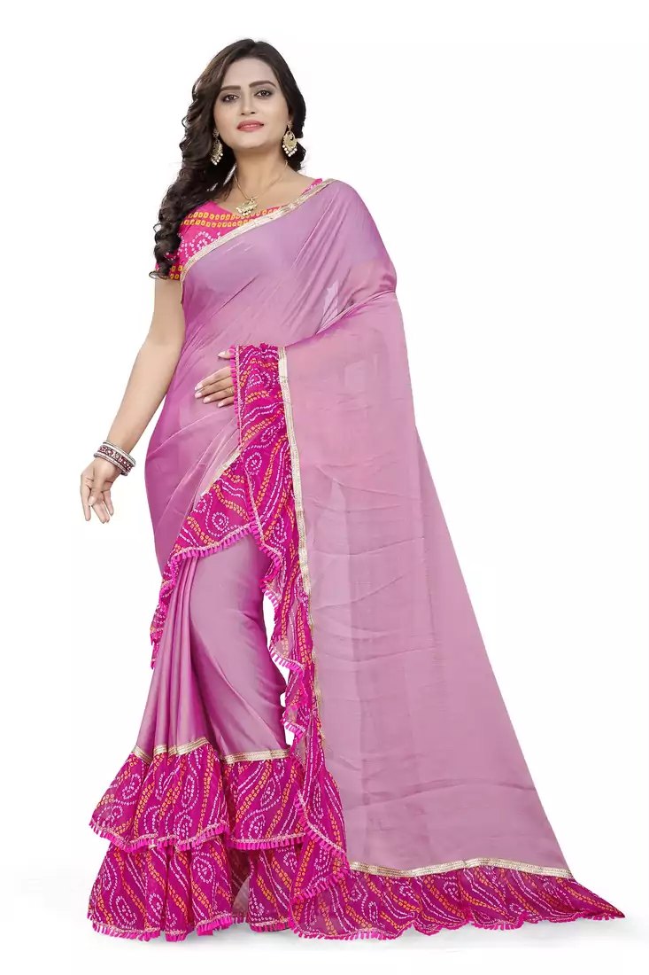 Pink Printed Chiffon Ruffle Saree With Blouse