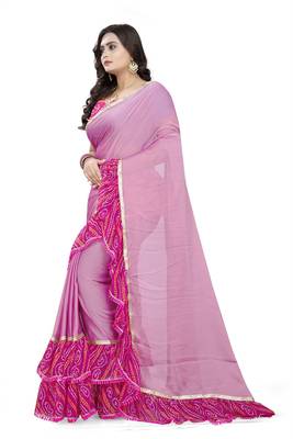 Pink Printed Chiffon Ruffle Saree With Blouse 2