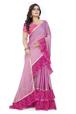 Pink Printed Chiffon Ruffle Saree With Blouse 3