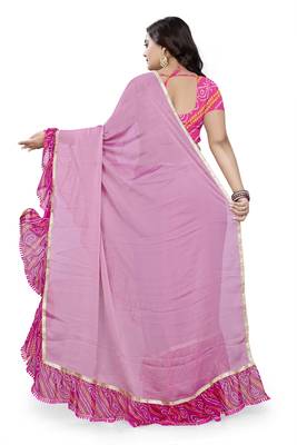 Pink Printed Chiffon Ruffle Saree With Blouse 4