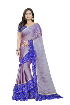 Blue Printed Chiffon Ruffle Saree With Blouse 1