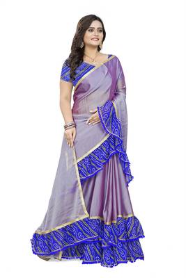 Blue Printed Chiffon Ruffle Saree With Blouse 3