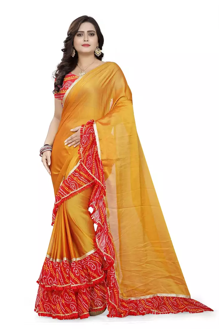 Yellow Printed Chiffon Ruffle Saree With Blouse
