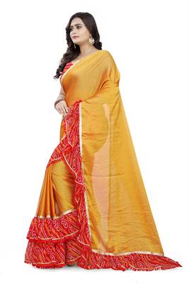 Yellow Printed Chiffon Ruffle Saree With Blouse 2