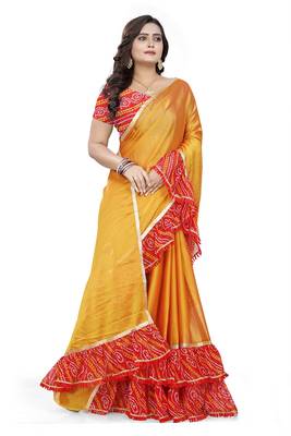 Yellow Printed Chiffon Ruffle Saree With Blouse 3