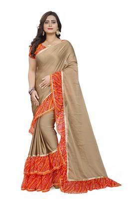 Beige Printed Chiffon Ruffle Saree With Blouse 1