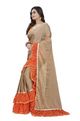 Beige Printed Chiffon Ruffle Saree With Blouse 2
