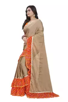 Beige Printed Chiffon Ruffle Saree With Blouse