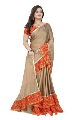 Beige Printed Chiffon Ruffle Saree With Blouse 3