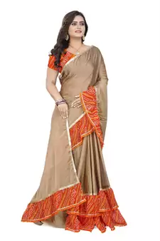 Beige Printed Chiffon Ruffle Saree With Blouse