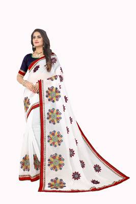 White embroidered chanderi saree with blouse 1