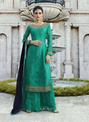 Green Embroidered Faux Georgette Salwar With Dupatta 1