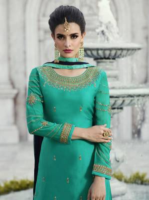Green Embroidered Faux Georgette Salwar With Dupatta 3