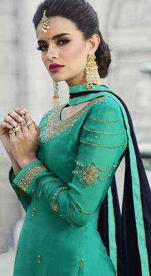 Green Embroidered Faux Georgette Salwar With Dupatta 4