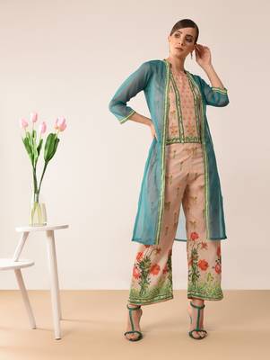 beige printed cotton kurta-sets 1