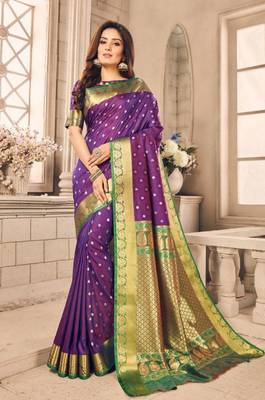 Purple woven silk blend saree with blouse 1