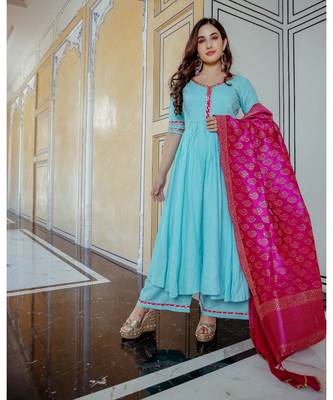 turquoise plain rayon kurta set 2