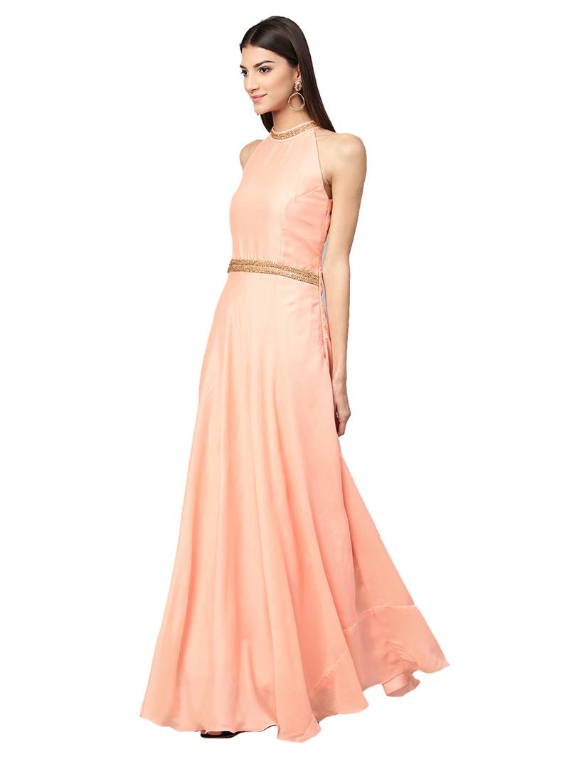 Peach Silk Blend Solid Gown
