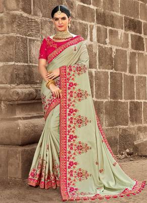 Olive embroidered georgette saree with blouse 1