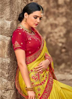 Lime embroidered georgette saree with blouse 2