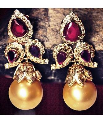 Ruby Golden Pearl Drop Dangler Earrings 1