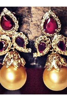 Ruby Golden Pearl Drop Dangler Earrings
