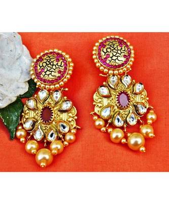 Ruby Kundan Dangler Earrings with Golden Pearl Drops 1