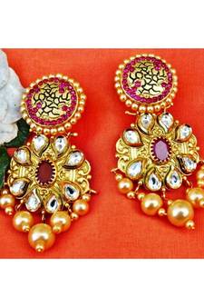 Ruby Kundan Dangler Earrings with Golden Pearl Drops