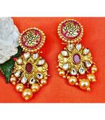 Ruby Kundan Dangler Earrings with Golden Pearl Drops