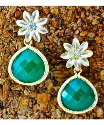 Green Onyx Drop with Floral Stud Dangler Earrings 1