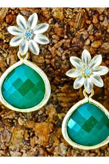 Green Onyx Drop with Floral Stud Dangler Earrings