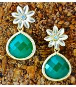 Green Onyx Drop with Floral Stud Dangler Earrings