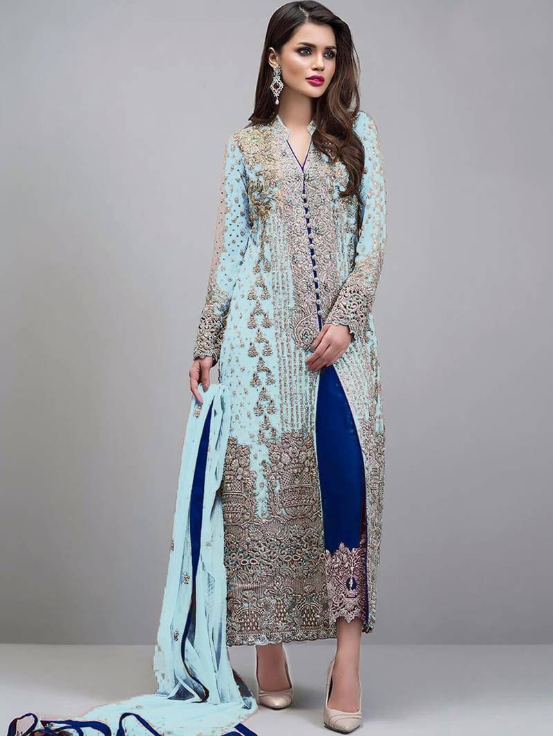 open lace back dress Party Dress Pakistani for Girls in Blue Shades #PF177 – Nameera by Farooq
