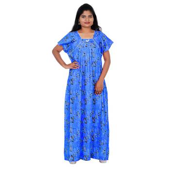 Blue and Grey colour Leaf Design Printed Square Neck Cotton Nighty For Ladies Nightwear 1