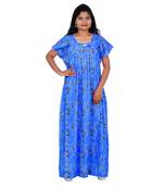 Blue and Grey colour Leaf Design Printed Square Neck Cotton Nighty For Ladies Nightwear