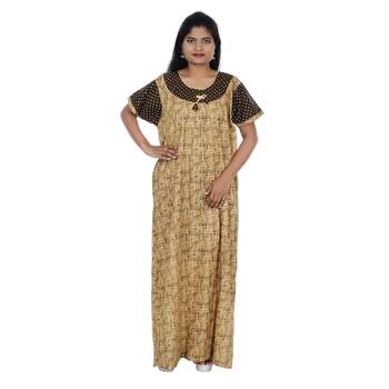 Beige and Brown colour Geometrical Design Printed Round Neck Cotton Nighty For Ladies Nightwear 1