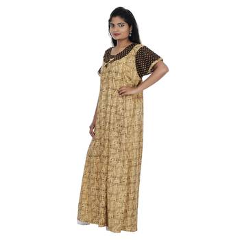 Beige and Brown colour Geometrical Design Printed Round Neck Cotton Nighty For Ladies Nightwear 2