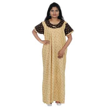 Beige and Brown colour Heart Design Printed Round Neck Cotton Nighty For Ladies Nightwear 1