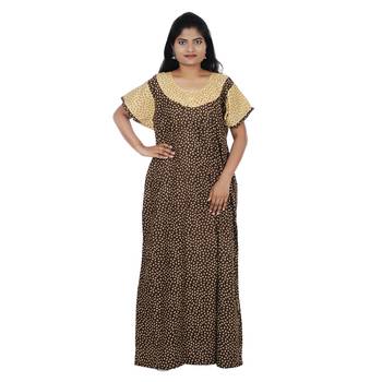 Brown and Beige colour Geometrical Design Printed Round Neck Cotton Nighty For Ladies Nightwear 1