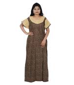 Brown and Beige colour Geometrical Design Printed Round Neck Cotton Nighty For Ladies Nightwear
