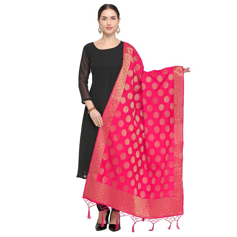 Pink Woven Banarasi Silk Dupatta For Women